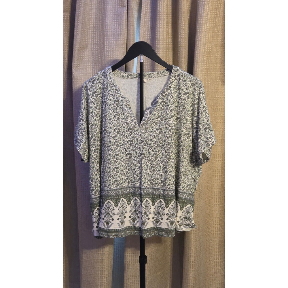 Lucky Brand Short Sleeve Paisley Print Cropped Blouse Women's 2X Linen Blend